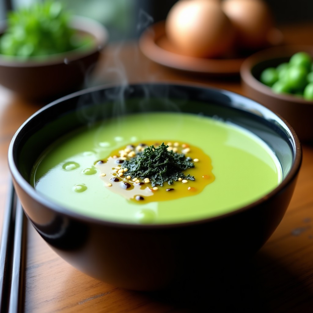 Cuenco blanco con crema de wasabi y guisantes de color verde vibrante, decorada con algas nori en copos y semillas de sésamo negro, sobre una mesa de madera con un fondo difuminado. Plato de sopa japonesa picante y baja en calorías.