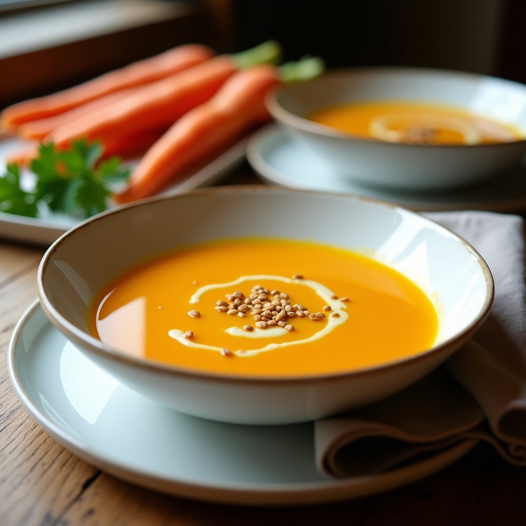 Cuenco blanco con crema de zanahoria y cúrcuma en Thermomix, color dorado vibrante, decorada con semillas de sésamo y hilo de aceite de oliva, fondo rústico de madera.
