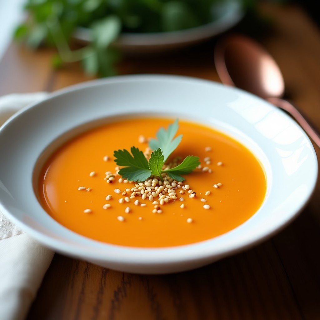 Cuenco blanco con crema de zanahoria y jengibre de color naranja intenso, decorada con semillas de sésamo, un hilo de aceite de oliva y cilantro fresco, sobre fondo de madera rústica.