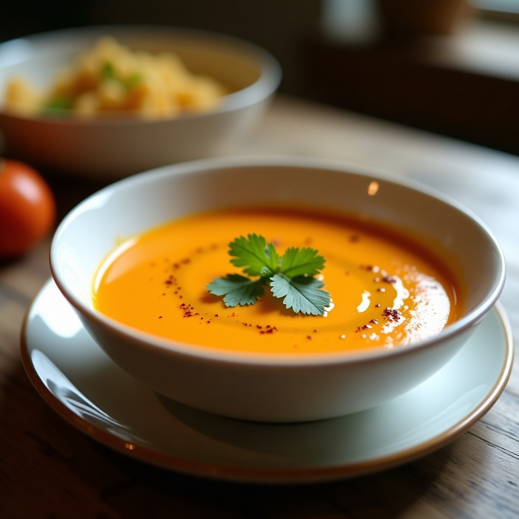 Cuenco de cerámica blanca con crema de zanahoria y jengibre con curry, decorada con cilantro fresco y un hilo de aceite de oliva, sobre fondo rústico de madera.