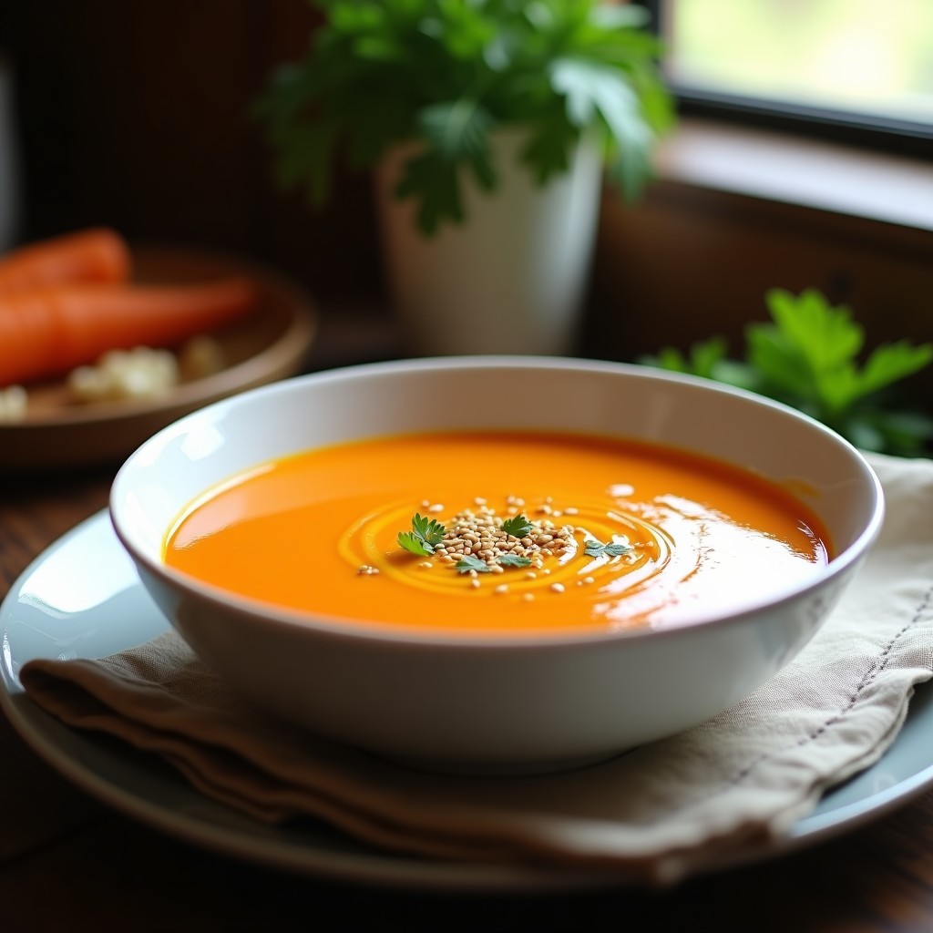 Cuenco blanco con crema de zanahoria y jengibre espesa, decorada con semillas de sésamo y un hilo de aceite de oliva, sobre fondo rústico de madera.