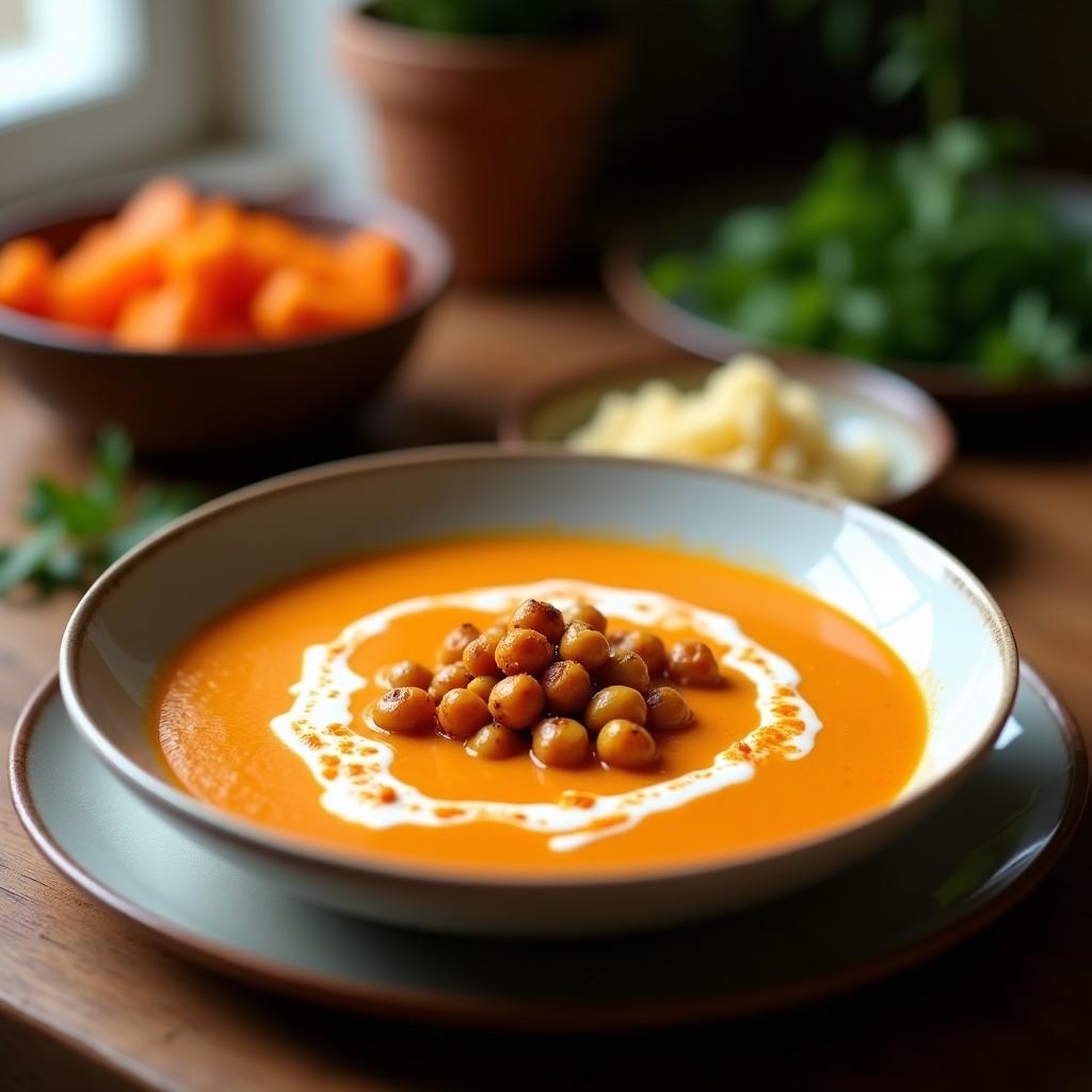 Crema de zanahoria y jengibre vegana con crujiente de garbanzos especiados, lista en 35 minutos, saludable y cremosa