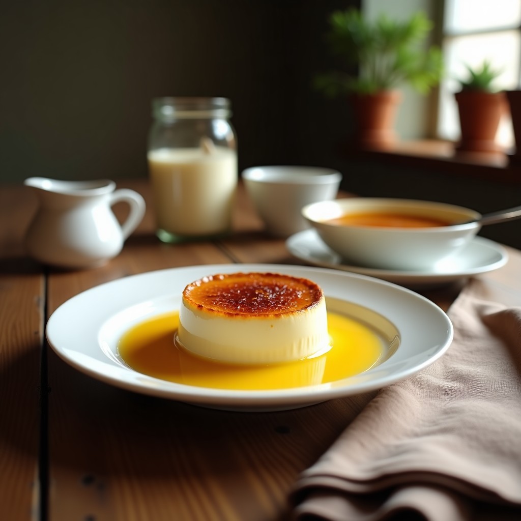 Cuatro ramequines de porcelana blanca con creme brûlée de coco y stevia, capa crujiente dorada de eritritol caramelizado, decorados con virutas de coco tostado y un hilo de mantequilla de coco derretida, sobre una mesa de madera rústica con luz natural.