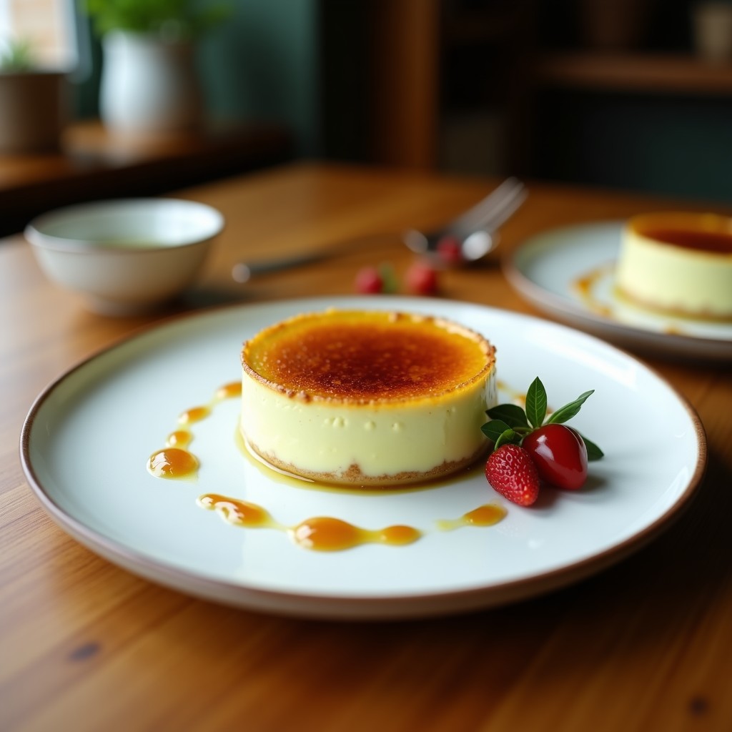 Cuatro ramequines de porcelana blanca con Crème Brûlée de Matcha y Coco vegana sin azúcar, superficie dorada y crujiente de caramelo de eritritol con coco rallado, sobre una bandeja de madera rústica con hojas de menta y una cucharilla de plata.