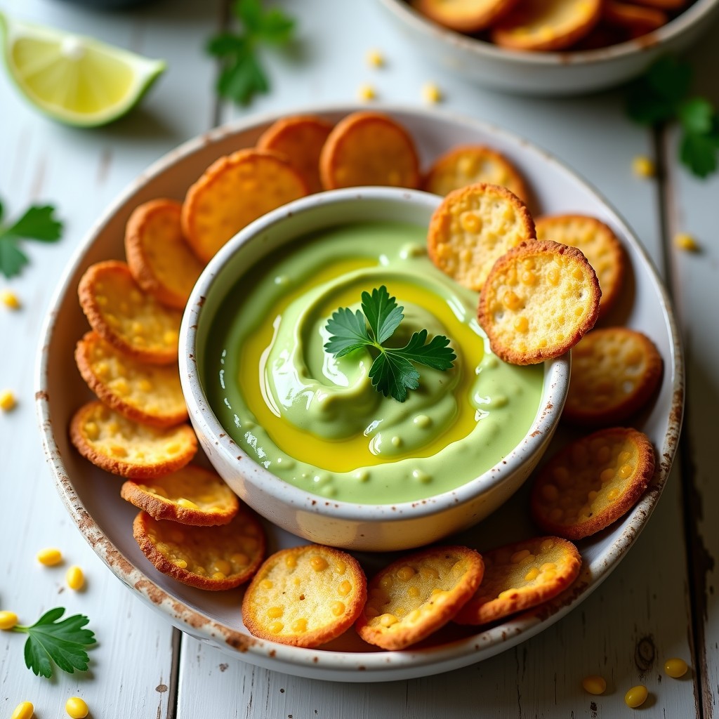 Plato blanco con cremoso de aguacate y cilantro de color verde vibrante, decorado con semillas de sésamo y acompañada de crujientes triángulos de tortilla de maíz dorados, sobre fondo rústico de madera.