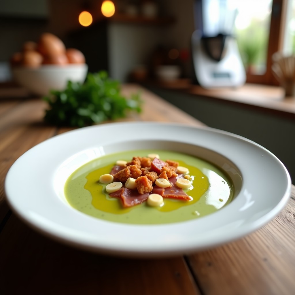Cuenco hondo de cerámica blanca con cremoso de brócoli y almendras de color verde intenso, coronado con almendras tostadas doradas y crujientes taquitos de jamón serrano. Fondos borrosos de cocina rústica y un hilo de aceite de oliva virgen extra brillante.