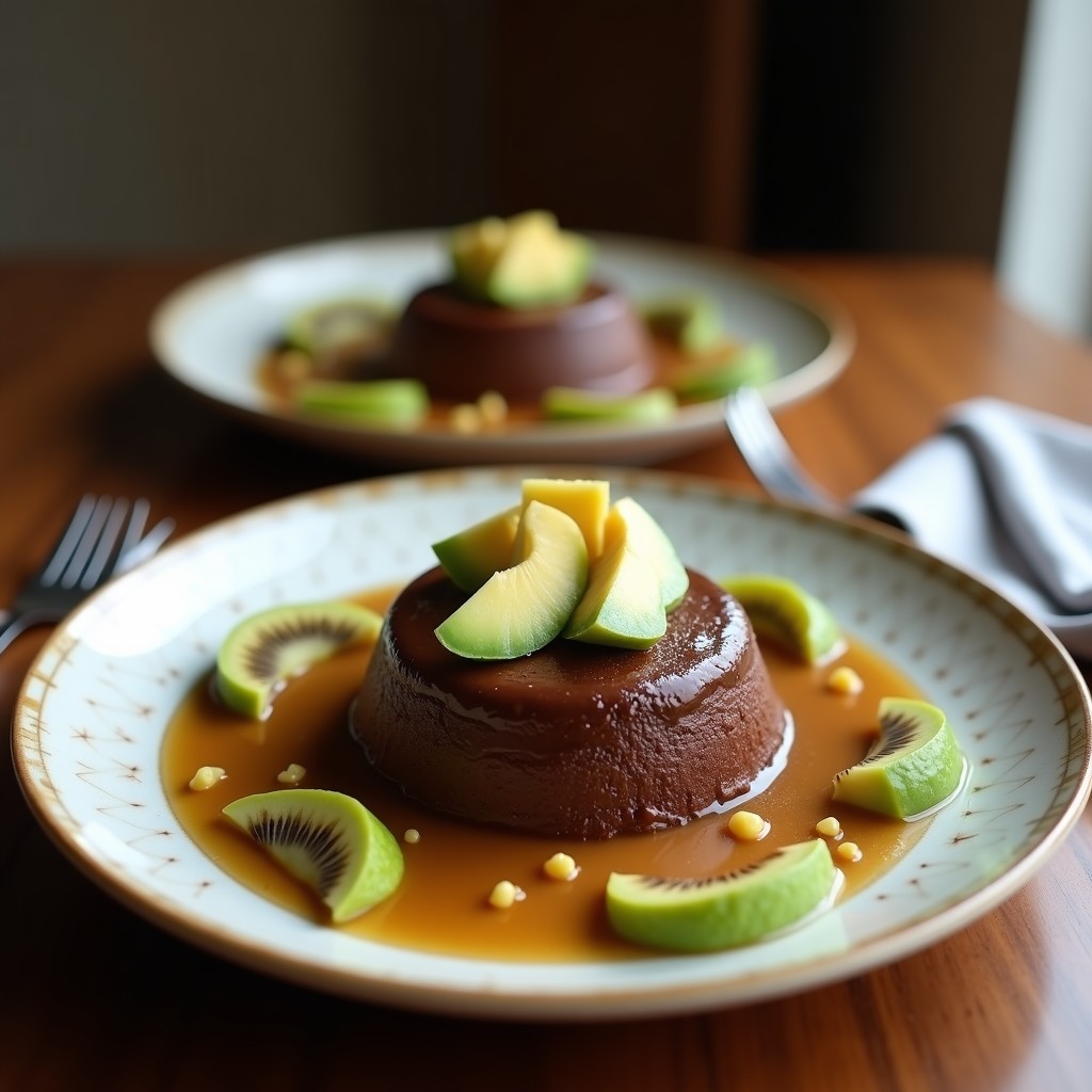 Copa de cristal transparente con cremoso de chocolate y aguacate de color oscuro y textura sedosa, coronado con frambuesas frescas rojas y semillas de chía negras. Plato keto elegante sobre fondo blanco con detalles de cacao en polvo espolvoreado.