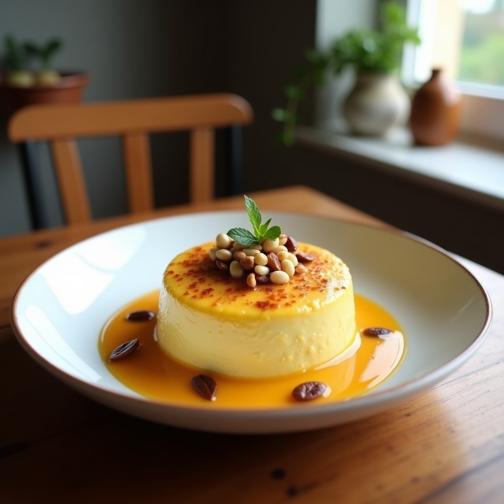Cremoso de coliflor con azafrán y nueces en cuenco de barro, con color dorado intenso, espolvoreado de nueces picadas y perejil fresco. Receta vegana en olla lenta con toques persas, servido sobre mesa rústica de madera.