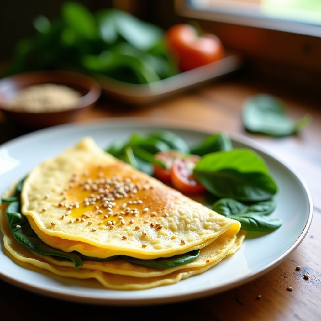 Pila de crepes doradas de garbanzo y espinacas en plato blanco, con semillas de sésamo tostadas y hilo de aceite de oliva virgen extra. Fondo rústico con espinacas frescas y utensilios de cocina.