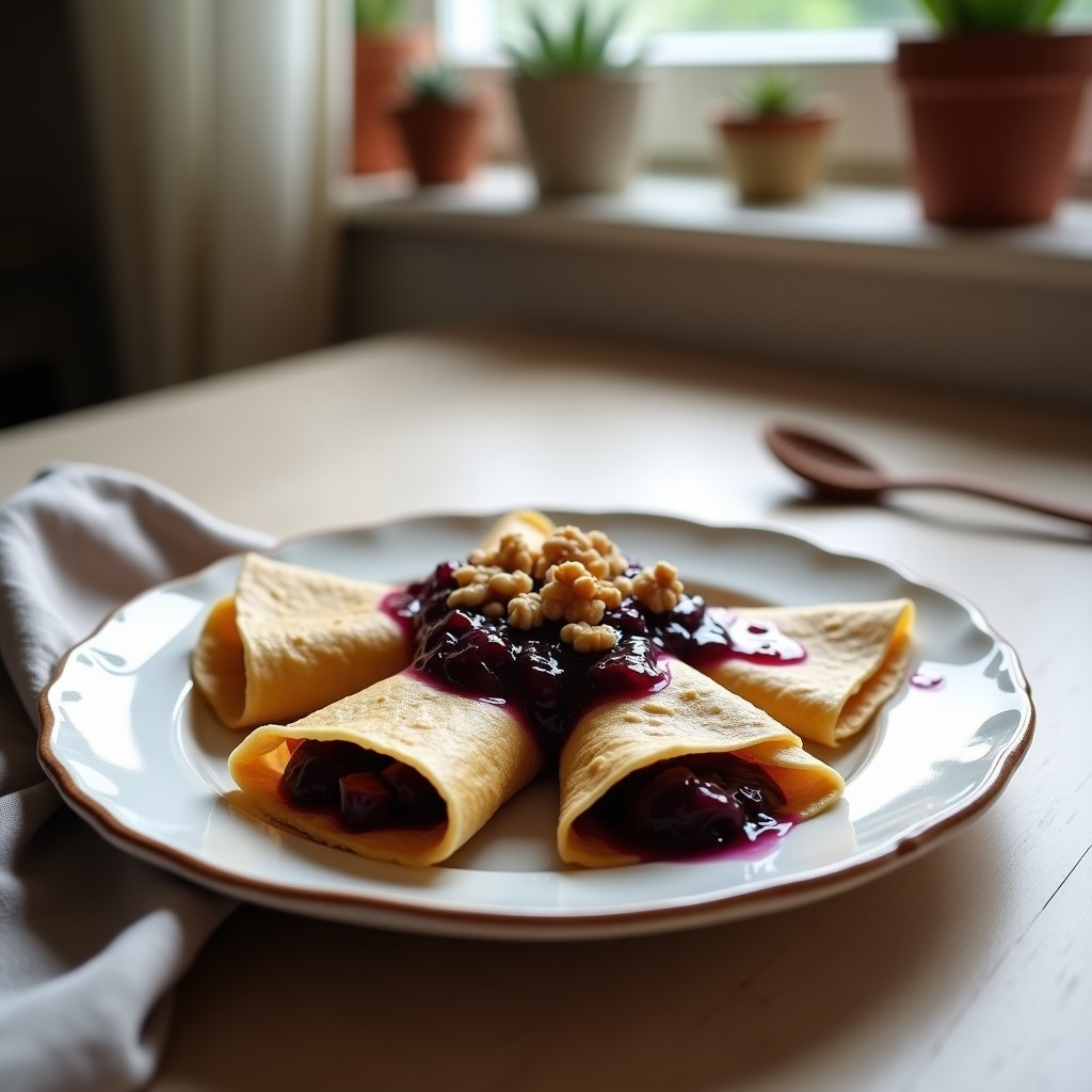 Plato blanco con crepes de alforfón dorados doblados en triángulo, rellenos de compota de ciruela brillante y espolvoreados con nueces picadas. Fondo rústico con servilleta de lino y cucharita de madera.
