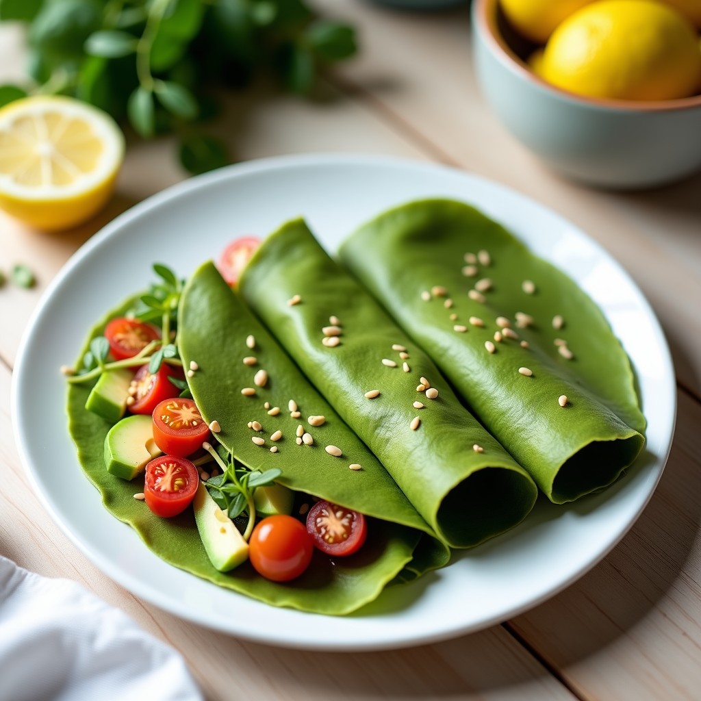 Plato blanco con crepes de harina de arroz y espirulina rellenas de aguacate, tomate cherry y brotes de alfafa, espolvoreadas con semillas de sésamo y pimienta negra. Desayuno vegano y crudivegano colorido y nutritivo.