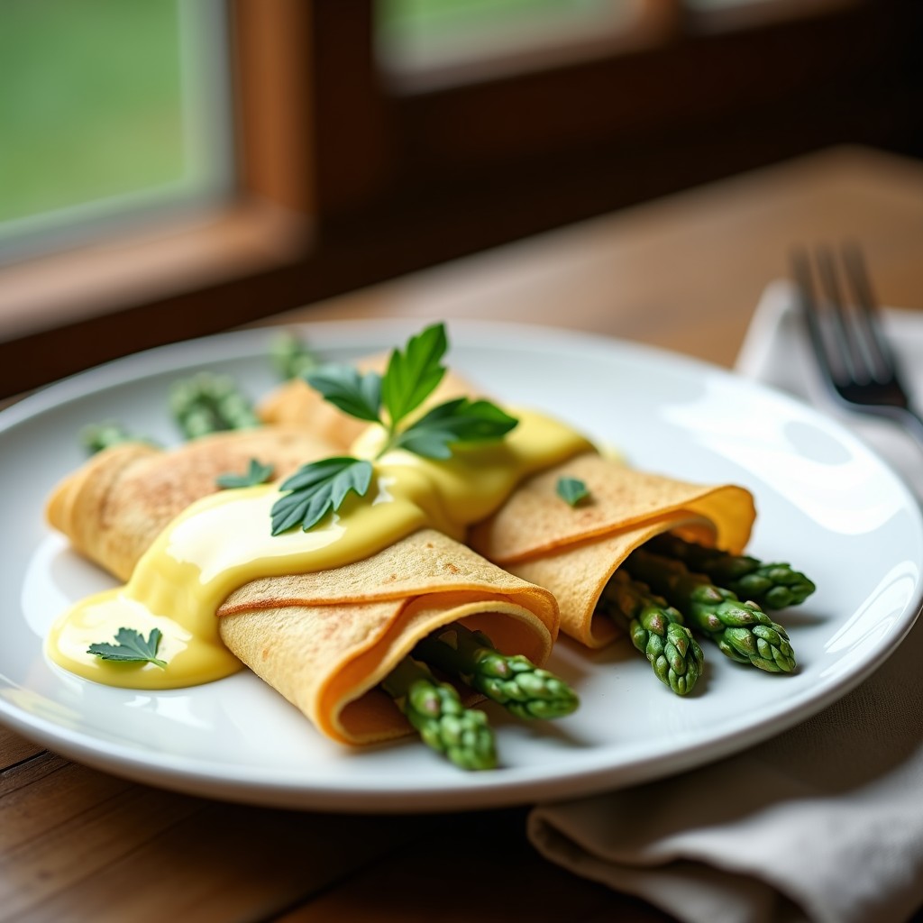 Plato blanco con crepes dorados rellenos de espárragos trigos verdes salteados, bañados en salsa hollandaise cremosa y decorados con perejil.