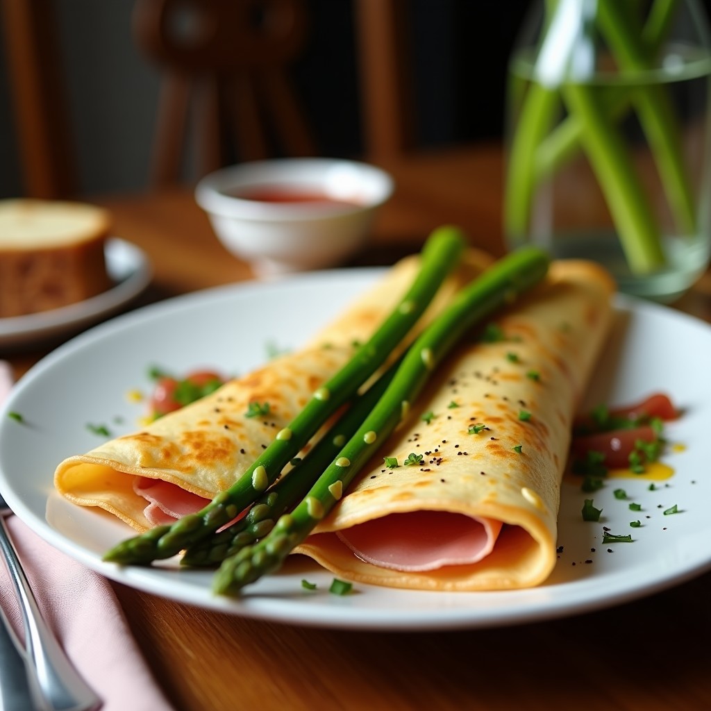 Plato blanco con tres crepes dorados rellenos de espárragos trigueros salteados y jamón ibérico en taquitos, espolvoreados con queso Gruyère rallado y decorados con rúcula fresca. Receta gourmet de crepes de espárragos trigueros y jamón ibérico.