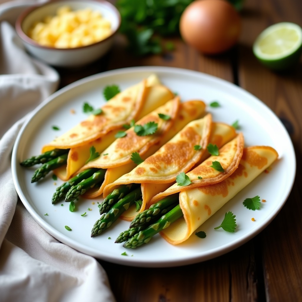 Plato blanco con crepes dorados de harina de garbanzo rellenos de espárragos trigueros y queso vegano derretido, decorados con perejil fresco. Receta francesa sin lactosa y sin gluten.
