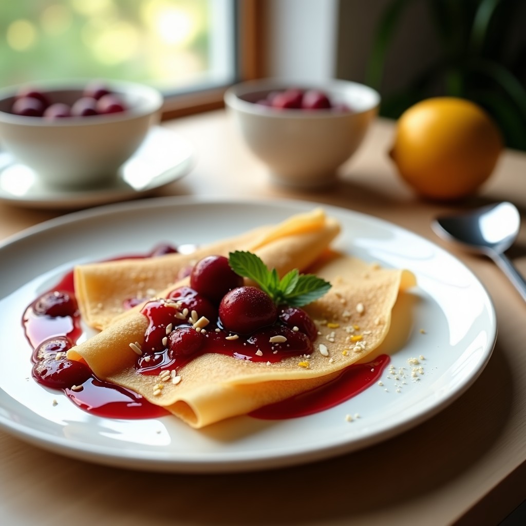 Crepes dorados y finos de harina de almendra servidos en un plato blanco con compota de arándanos rojos brillante y espesa, decorados con un hilo de crema batida y ralladura de limón, receta keto sin azúcar de estilo francés.