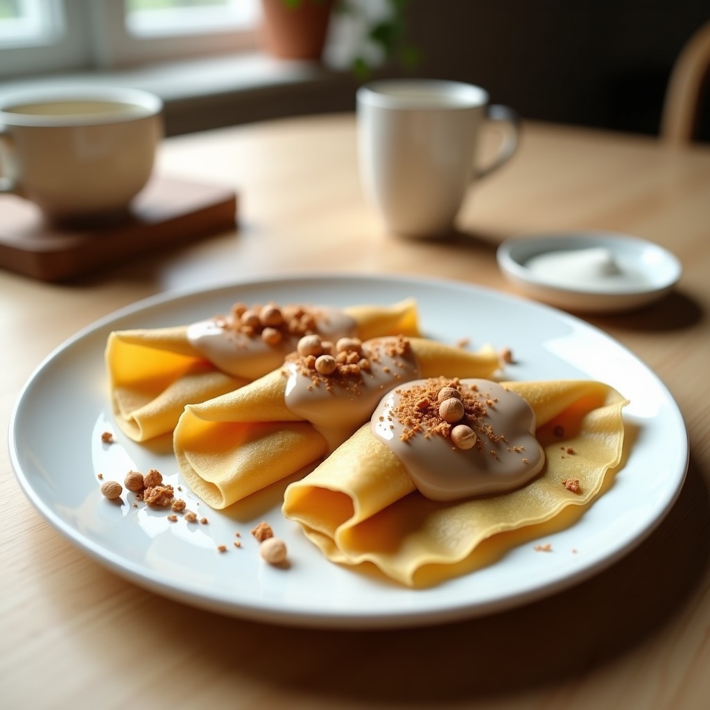Plato blanco con crepes dorados de harina de almendra doblados en triángulo, rellenos de crema de avellanas espesa y brillante, decorados con avellanas picadas y un chorrito de leche de coco. Desayuno keto sin azúcar.
