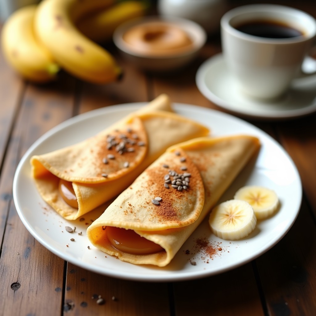 Plato blanco con crepes dorados de harina de almendra rellenos de crema de cacahuete y rodajas de plátano, espolvoreados con canela. Receta keto sin azúcar y alta en proteína.