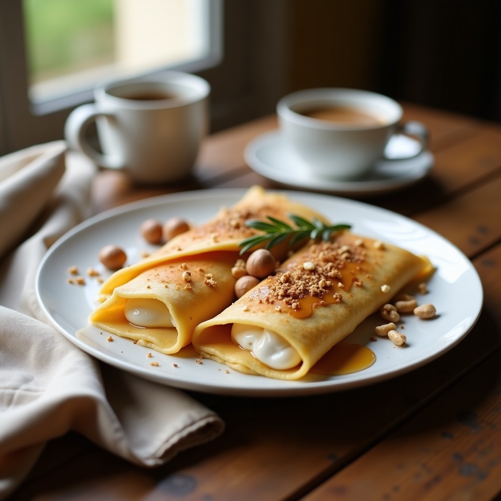 Plato blanco con crepes dorados de harina de castaña rellenos de crema de avellanas espesa, decorados con rodajas de plátano y un espolvoreado de canela, sobre fondo rústico de madera.