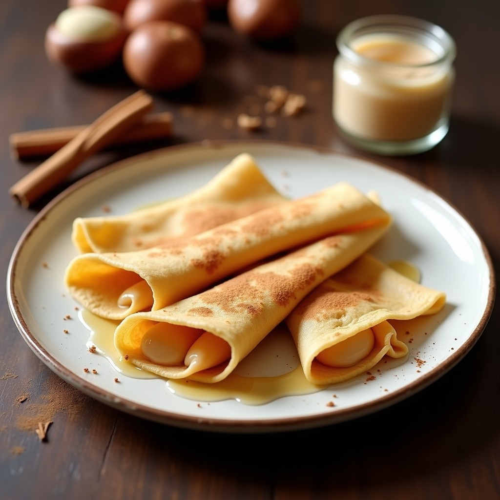 Plato blanco con crepes dorados de harina de castaña rellenos de crema de castañas, decorados con sirope de arce y canela, sobre fondo rústico de madera.