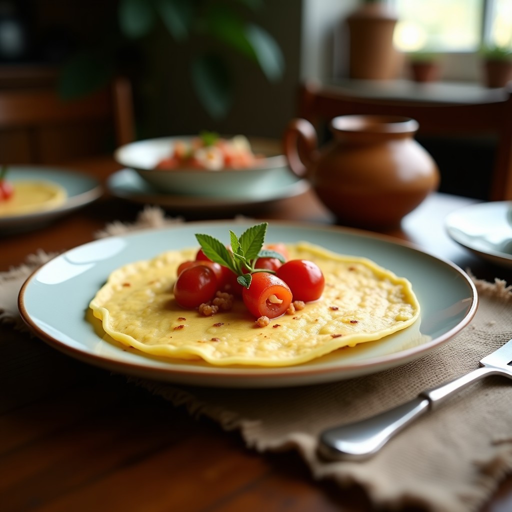 Plato blanco con crepes dorados de harina de coco y karité, apilados y decorados con semillas de sésamo tostadas, sobre un mantel de lino con elementos rústicos al fondo, receta keto sin gluten.