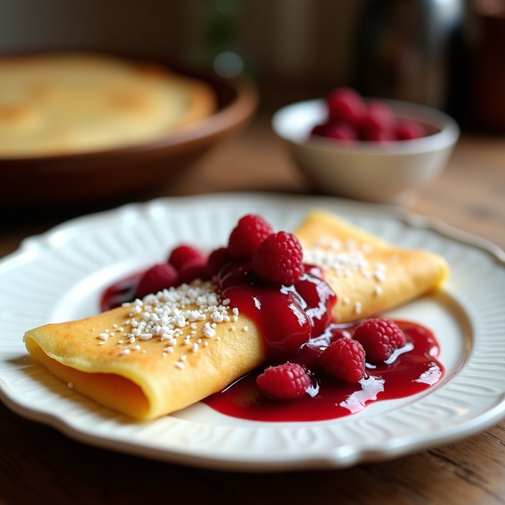 Plato blanco con crepes doradas de harina de coco rellenas de mermelada de frambuesa sin azúcar, servidas con frambuesas frescas y hojas de menta. Postre keto y sin lactosa.