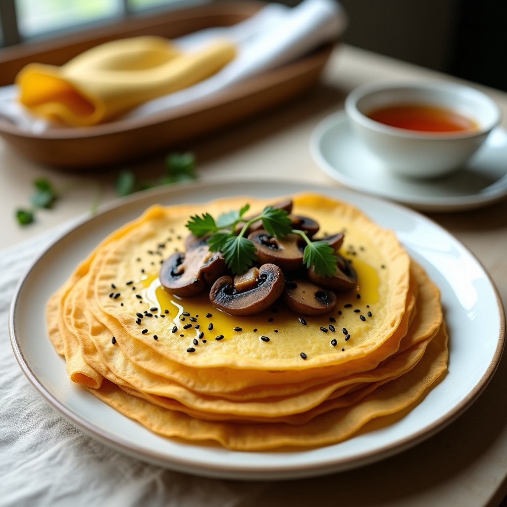 Plato blanco con crepes doradas de harina de garbanzo rellenas de champiñones portobello salteados con ajo y perejil, desayuno vegano alto en proteína sin gluten.