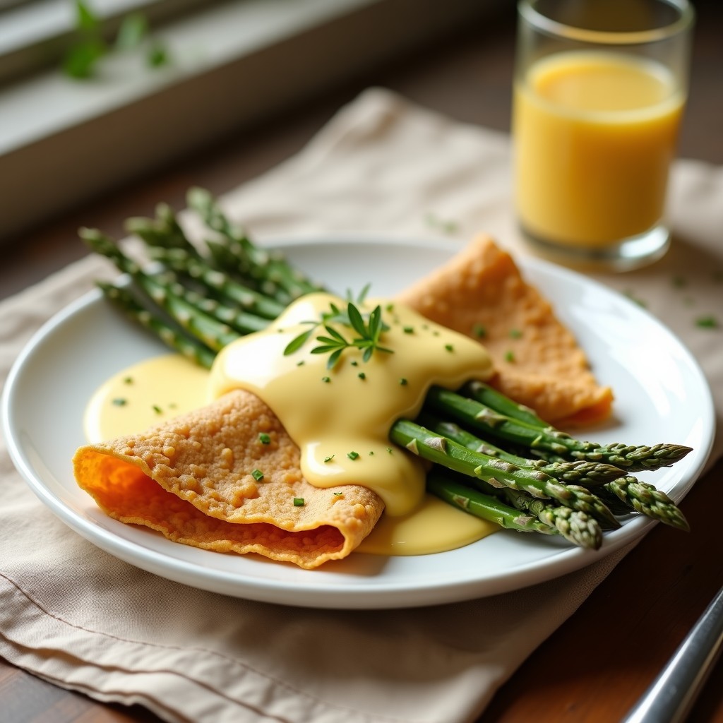 Plato blanco con crepes doradas de harina de garbanzo rellenas de espárragos verdes salteados, bañadas en salsa holandesa vegana cremosa y decoradas con perejil fresco, servidas sobre un mantel rústico de lino beige.