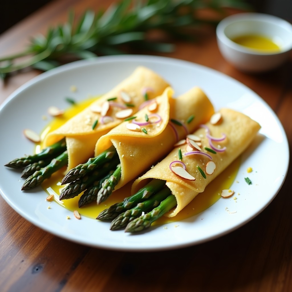 Plato blanco con crepes doradas de harina de garbanzo rellenas de espárragos trigueros salteados, decoradas con aceite de trufa negra y anacardos picados, receta sin gluten gourmet.