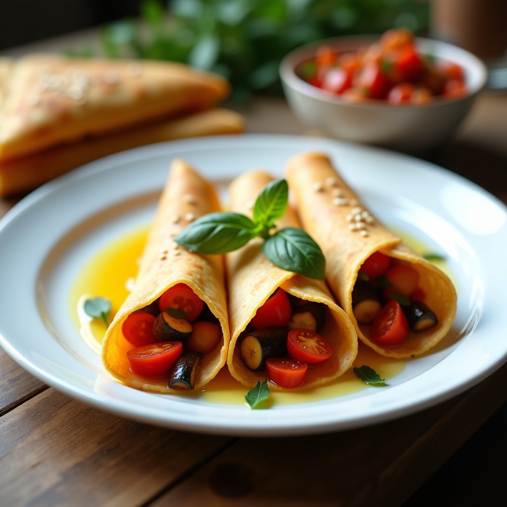 Plato blanco con tres crepes dorados de harina de garbanzo rellenos de ratatouille colorida, decorados con semillas de sésamo y hojas de albahaca fresca. Receta de desayuno francés vegano y sin lácteos.
