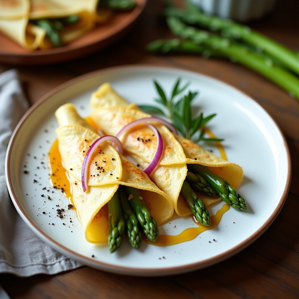 Plato de crepes doradas de harina de guisante rellenas de espárragos trigueros salteados y cebolla morada, bañadas con salsa de mostaza y miel, sobre fondo de madera rústica.