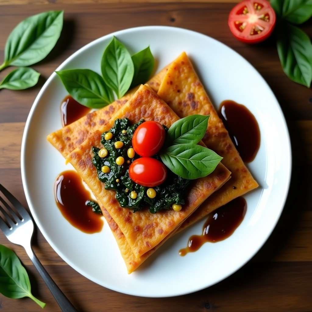 Plato blanco con crepes dorados de harina de lentejas, rellenos de crema de ajo negro negra y brillante, acompañados de espinacas frescas, tomates cherry y perejil picado. Receta vegana y sin gluten de crepes de lentejas con crema de ajo negro.