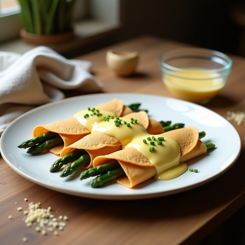 Crepes de Harina de Lentejas con Espárragos y Salsa Holandesa Vegana: Receta Sin Gluten