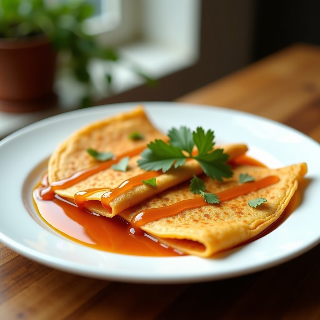 Plato blanco con crepes doradas de harina de lentejas, rellenas de cebolla morada y bañadas en salsa de tamarindo brillante, decoradas con cilantro fresco. Desayuno vegano sin gluten con toque exótico.