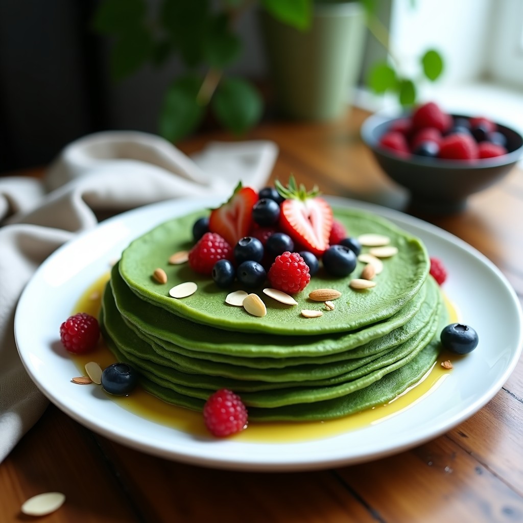Pila de crepes integrales de color verde esmeralda por la espirulina, servidos en plato blanco con frutos rojos, almendras fileteadas y miel, desayuno saludable y alto en proteína.