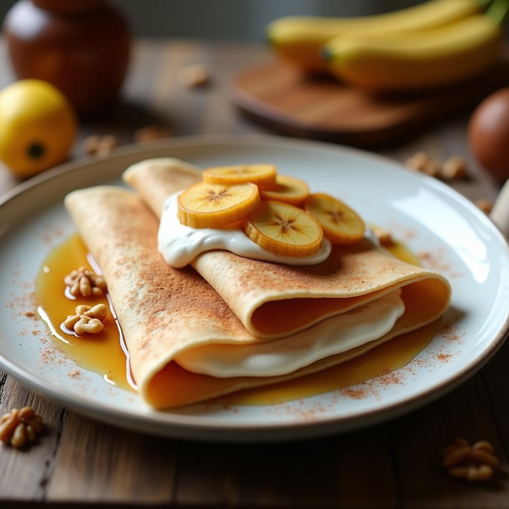 Plato blanco con dos crepes integrales dorados rellenos de yogur griego y bananas caramelizadas con canela, decorados con nueces picadas y un toque de miel.