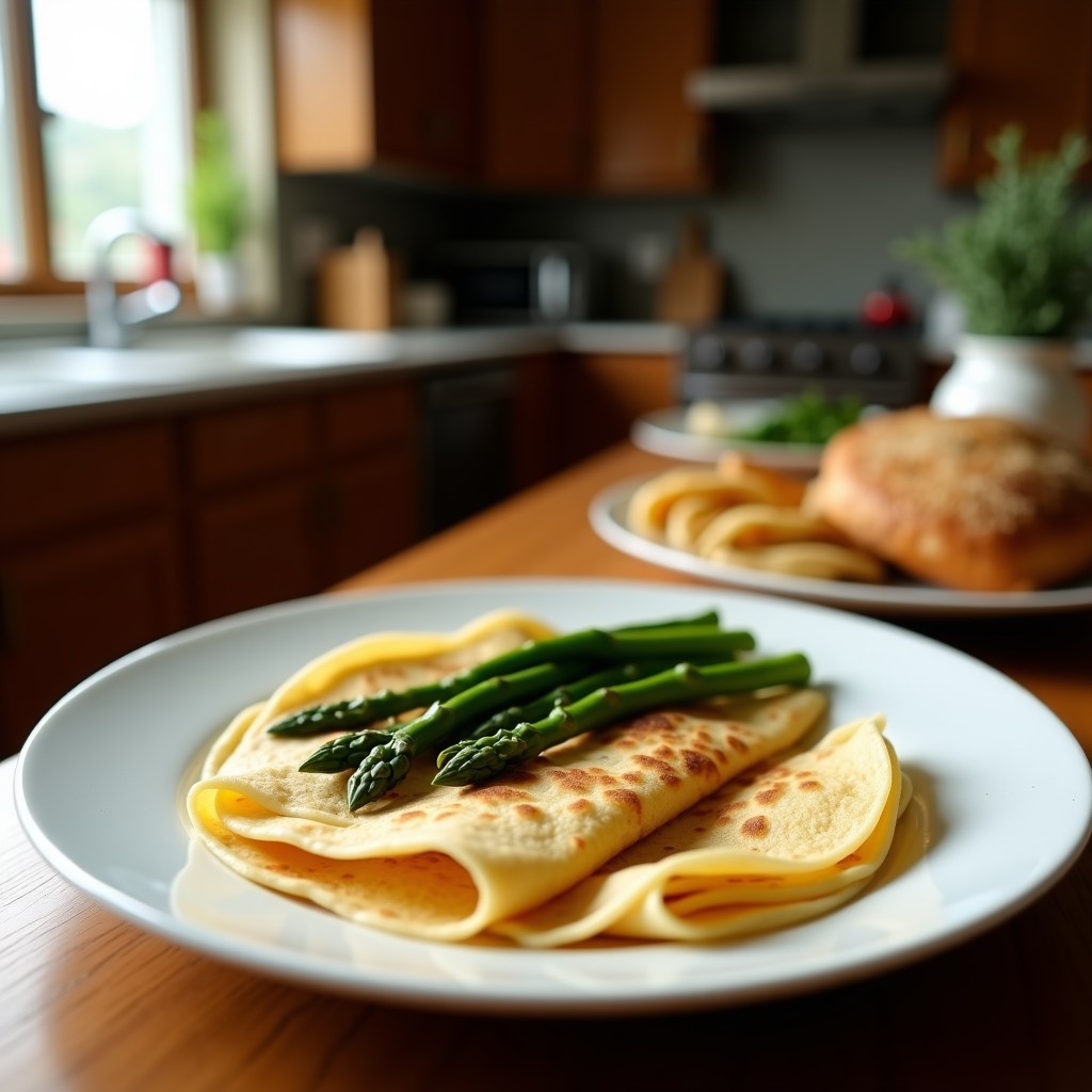 Plato blanco con crepes integrales dorados rellenos de espárragos trigueros salteados, queso feta desmenuzado y perejil fresco, receta rápida y saludable.