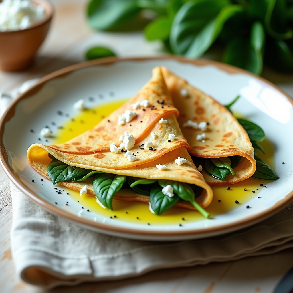 Plato blanco con dos crepes integrales dorados rellenos de espinacas frescas y queso feta desmenuzado, decorados con pimienta negra y aceite de oliva virgen extra. Fondo rústico con servilleta de lino.