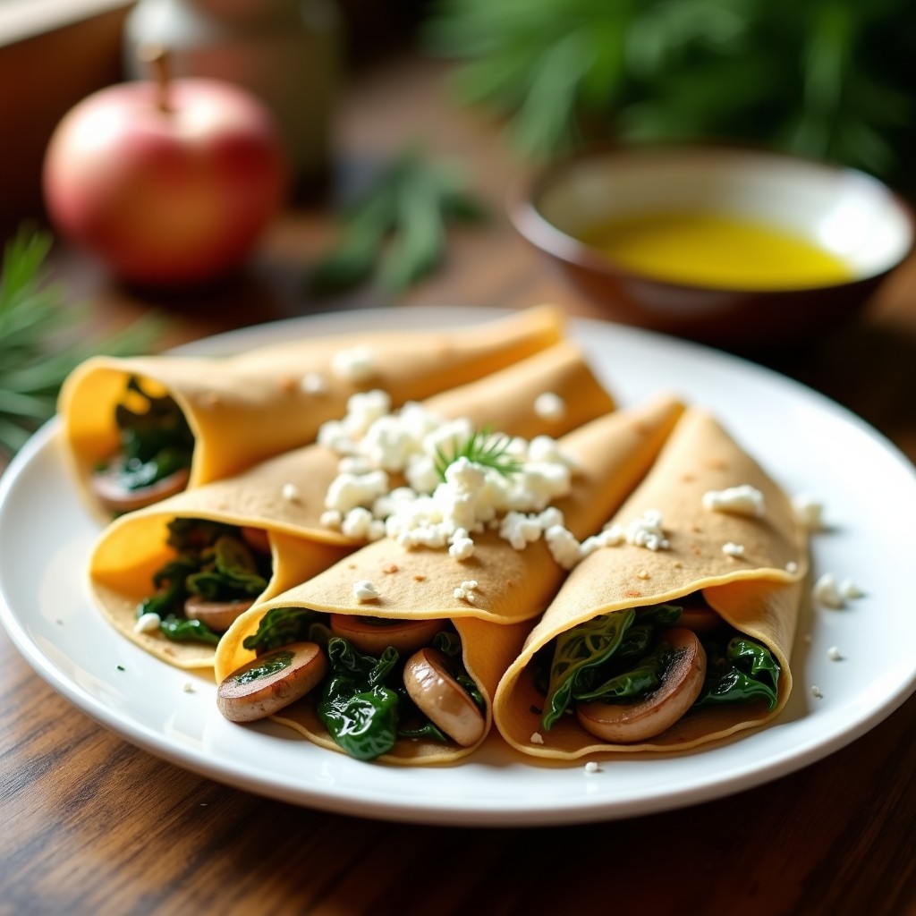 Plato blanco con crepes integrales dorados rellenos de espinacas y hongos portobello, espolvoreados con queso feta desmenuzado, receta saludable y rápida.