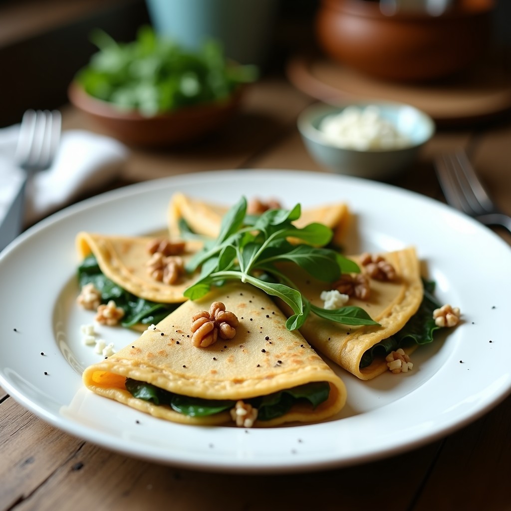 Plato blanco con tres crepes integrales dorados rellenos de espinacas salteadas y queso de cabra desmenuzado, decorados con nueces picadas y rúcula fresca. Receta de crepes saludables alta en fibra.