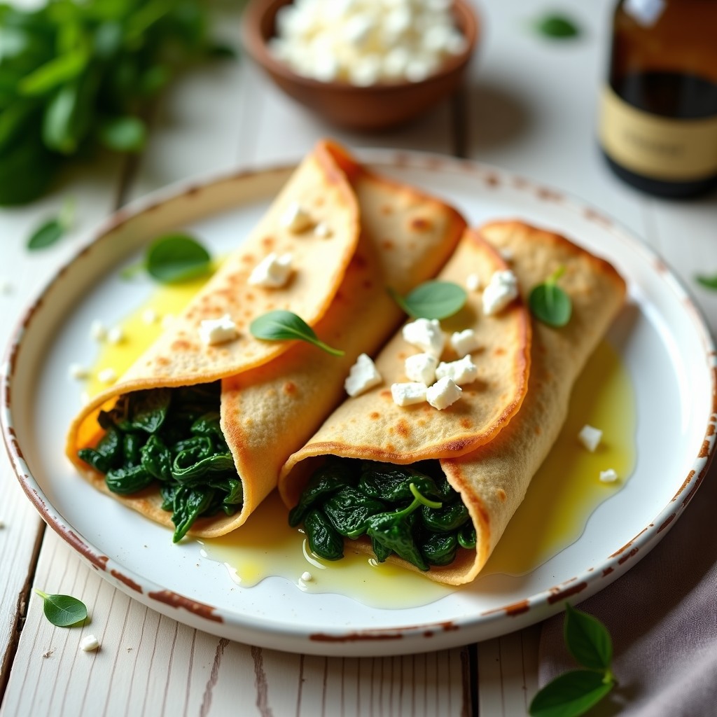 Plato blanco con crepes integrales dorados rellenos de espinacas verdes y queso feta desmenuzado, servidos con un hilo de aceite de oliva virgen extra.