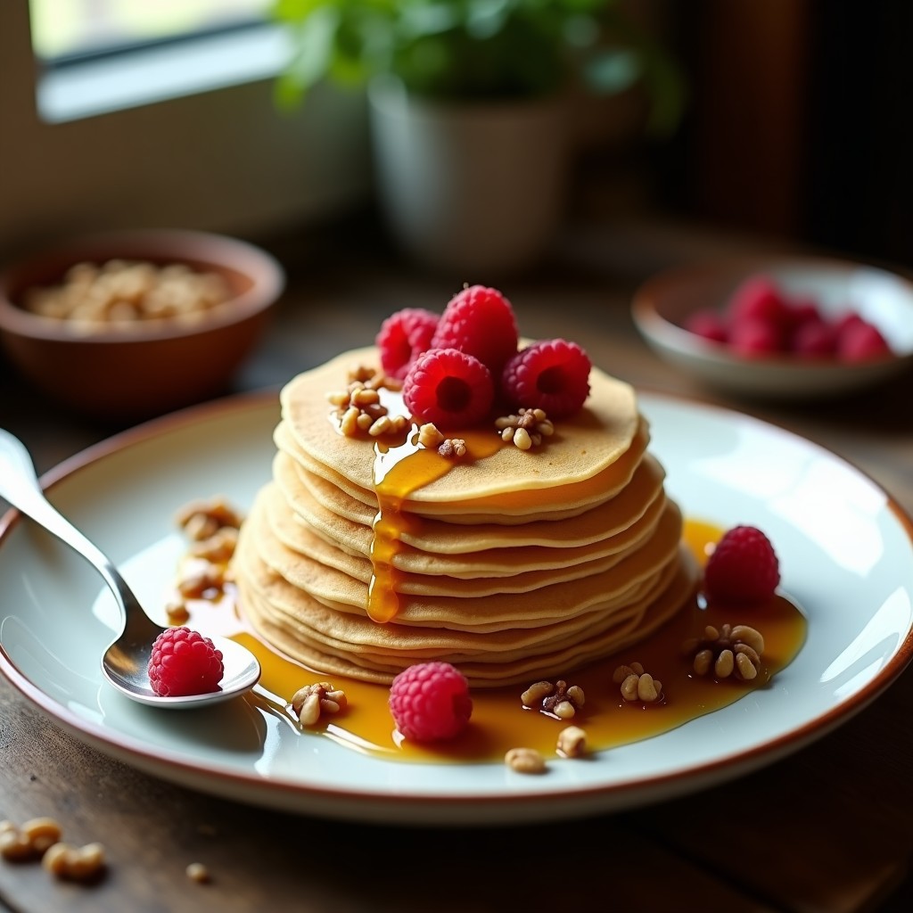 Pila de crepes integrales dorados servidos en un plato blanco, bañados con miel de trufa negra y decorados con frambuesas frescas y nueces picadas. Receta gourmet de postre rápido.