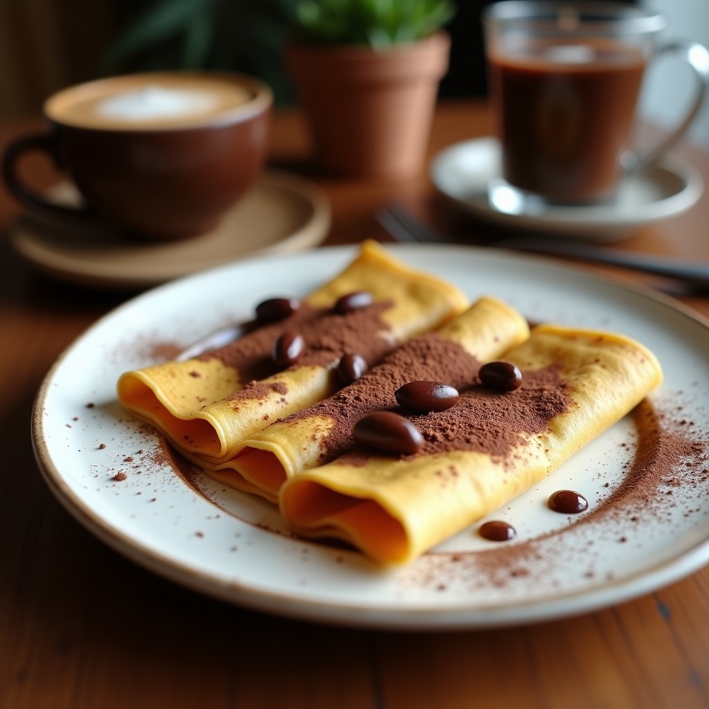 Pila de crepes integrales dorados de plátano y cacao, servidos en un plato blanco con toppings de rodajas de plátano, frutos rojos y un hilo de miel. Receta sin azúcar y sin harina.