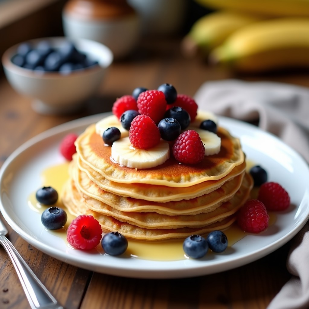 Pila de crepes integrales de avena y plátano dorados, apilados en un plato blanco con toppings de frutos rojos, plátano en rodajas y un chorrito de miel. Receta alta en proteína sin harina.
