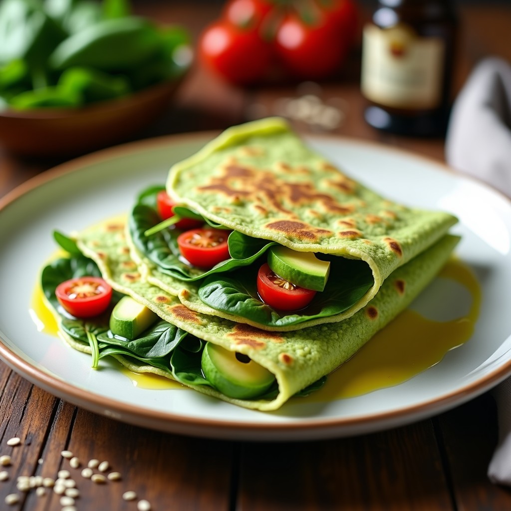 Pila de crepes verdes de espinaca y queso fresco apilados en un plato blanco, con relleno de aguacate y tomate cherry, receta alta en proteína sin harina.
