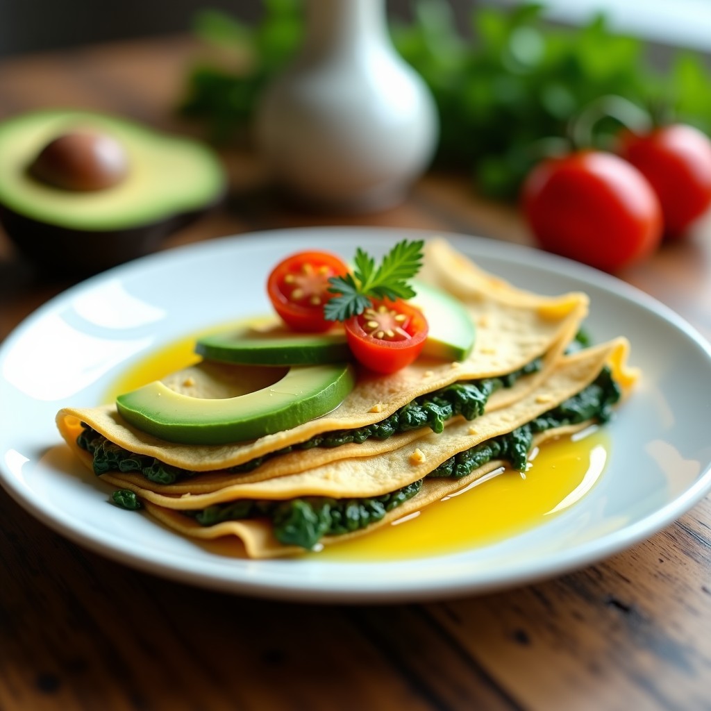 Plato blanco con dos crepes dorados de espinaca y requesón, servidos con rodajas de aguacate y tomate cherry, receta proteica en airfryer.