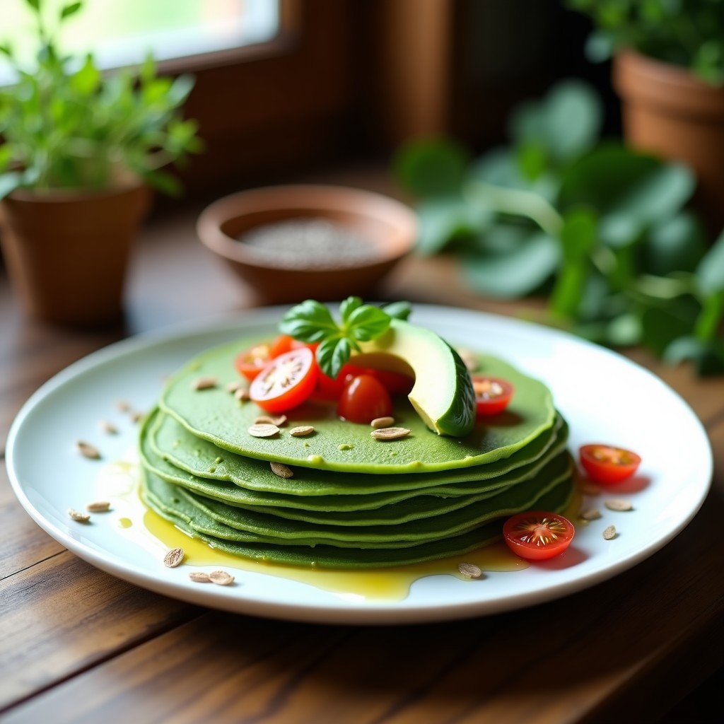 Pila de crepes proteicos verdes de espinacas y avena en plato blanco, con toppings de aguacate y tomate cherry, receta sin harina y alta en fibra.