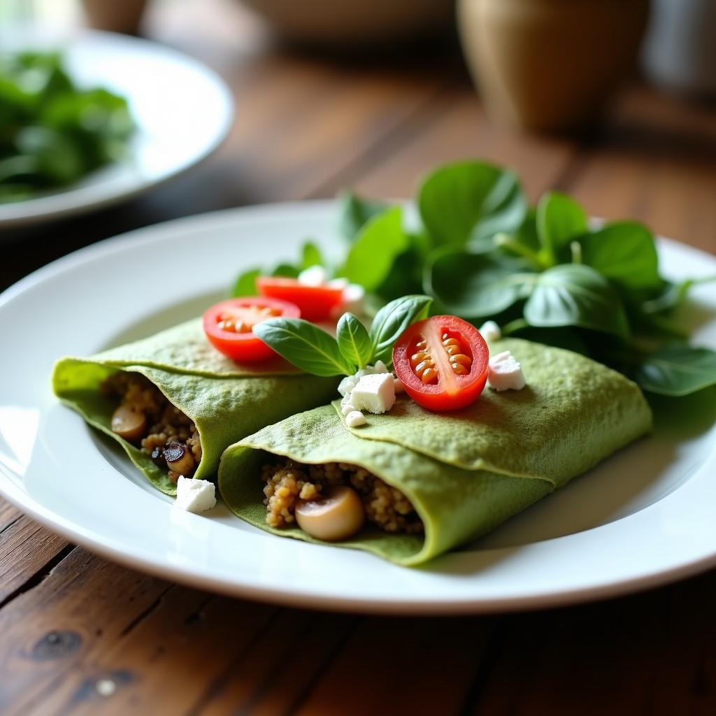 Plato blanco con dos crepes proteicos de espinacas rellenos de quinoa y champiñones, decorados con tomates cherry y albahaca fresca, receta fit y sin gluten.