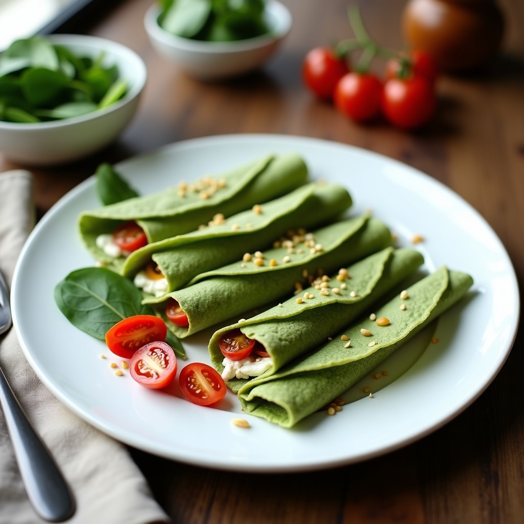 Plato blanco con 3 crepes de espinacas rellenos de queso requesón y mezcla de cebolla morada y tomates cherry, decorados con semillas de sésamo y un hilo de aceite de oliva. Receta proteica sin gluten.