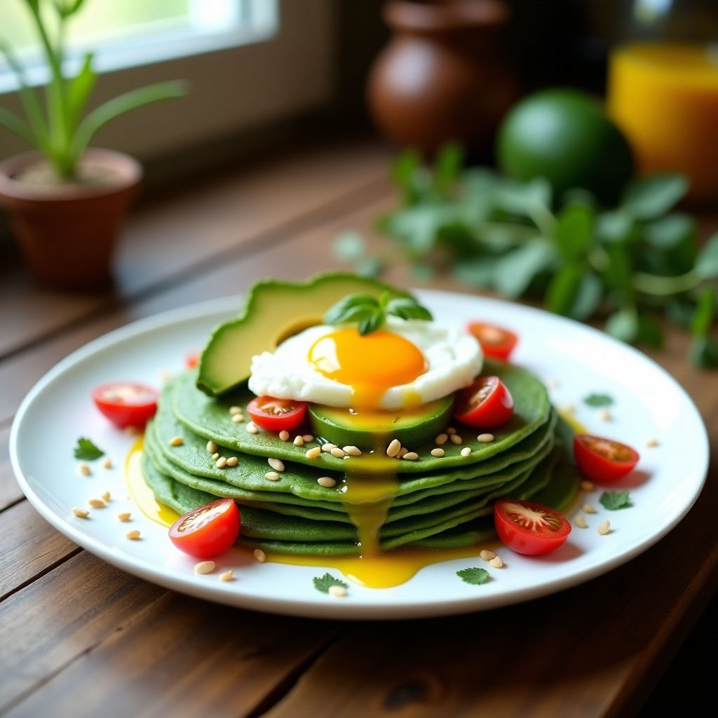 Plato blanco con crepes verdes de espinacas y requesón apilados, rellenos de aguacate y huevo pochado, decorados con semillas de sésamo y rodajas de tomate cherry.