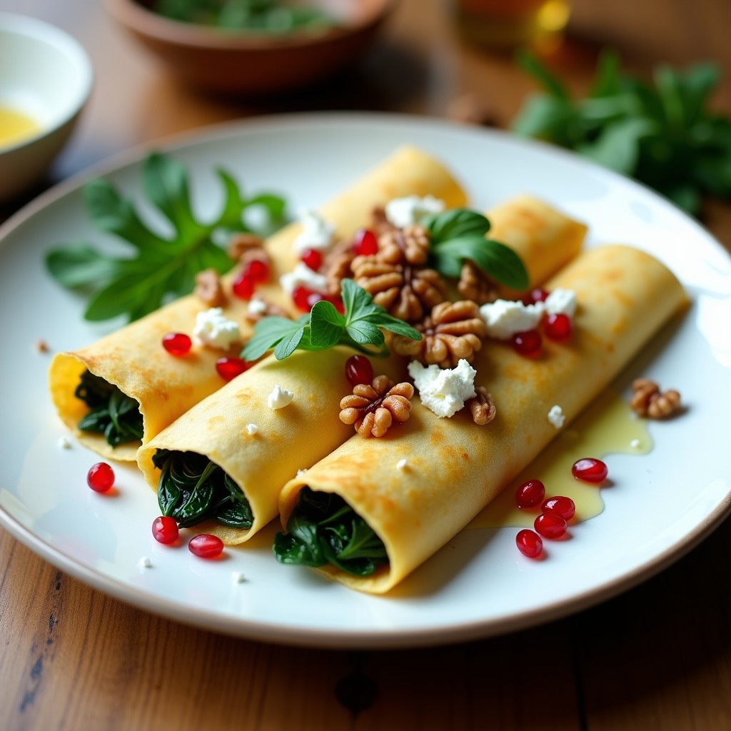 Plato blanco con crepes salados de espinaca y queso de cabra enrollados, decorados con nueces picadas y un hilo de miel, acompañados de hojas de rúcula fresca.